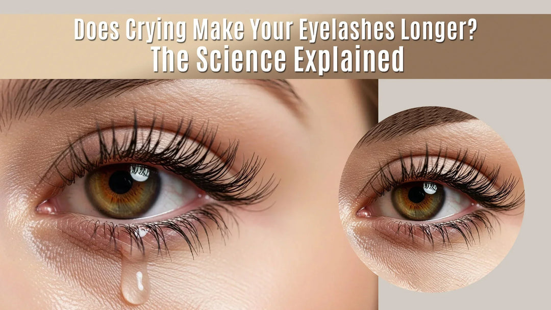Close-up of a crying eye with long lashes and a tear, with an inset eye image.