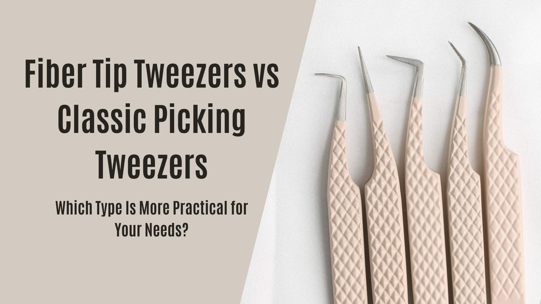 An image comparing fiber tip tweezers and classic picking tweezers, featuring five tweezers with different tip shapes