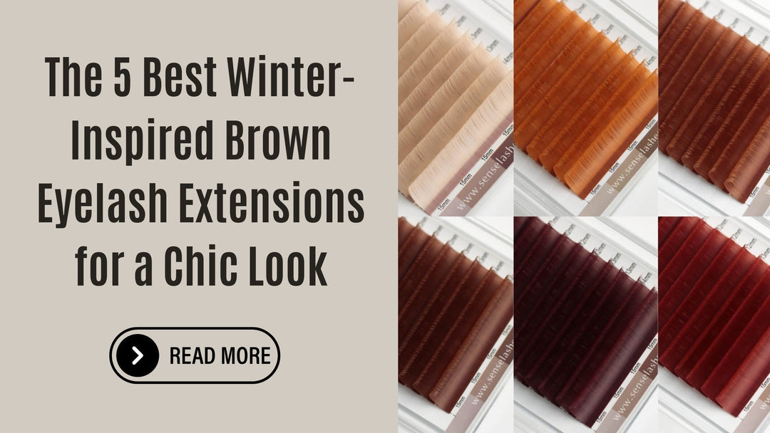 Promotional banner for "The 5 Best Winter-Inspired Brown Eyelash Extensions" displaying five different shades of lashes