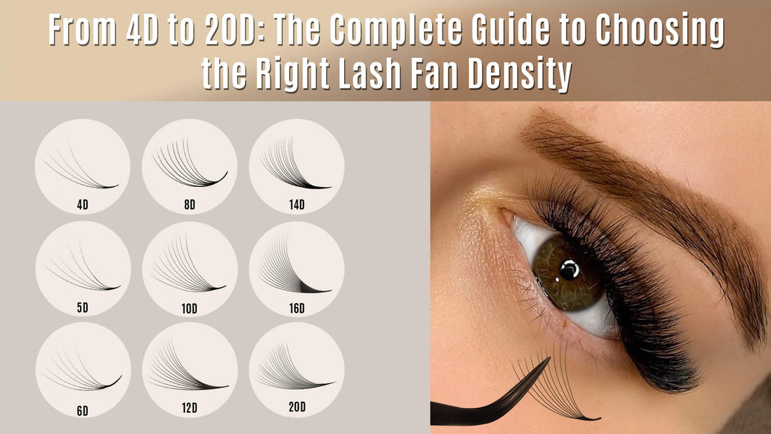 SENSELASHES lash fan density guide graphic showing 4D to 20D lash fan examples beside a close-up of volume lash extensions being applied to an eye.