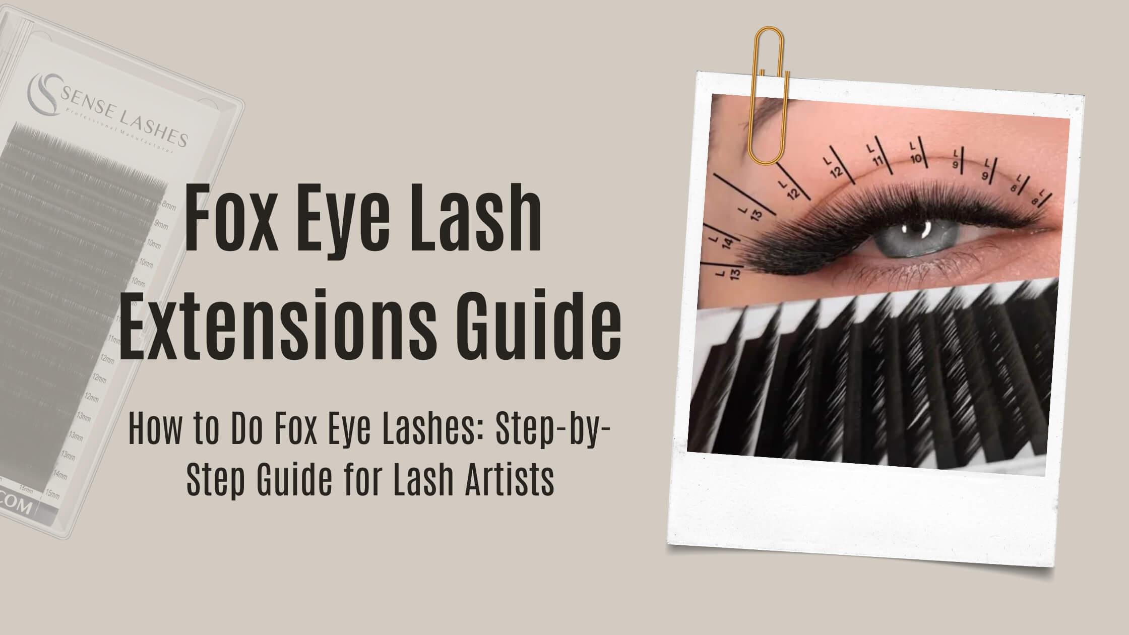 An image for a 'Fox Eye Lash Extensions Guide', featuring a close-up of an eye with lash mapping and a package of lashes