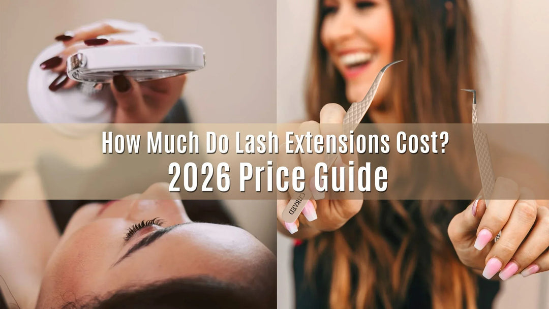 Two photos of lash extension application with a brown band reading 'How Much Do Lash Extensions Cost? 2026 Price Guide'