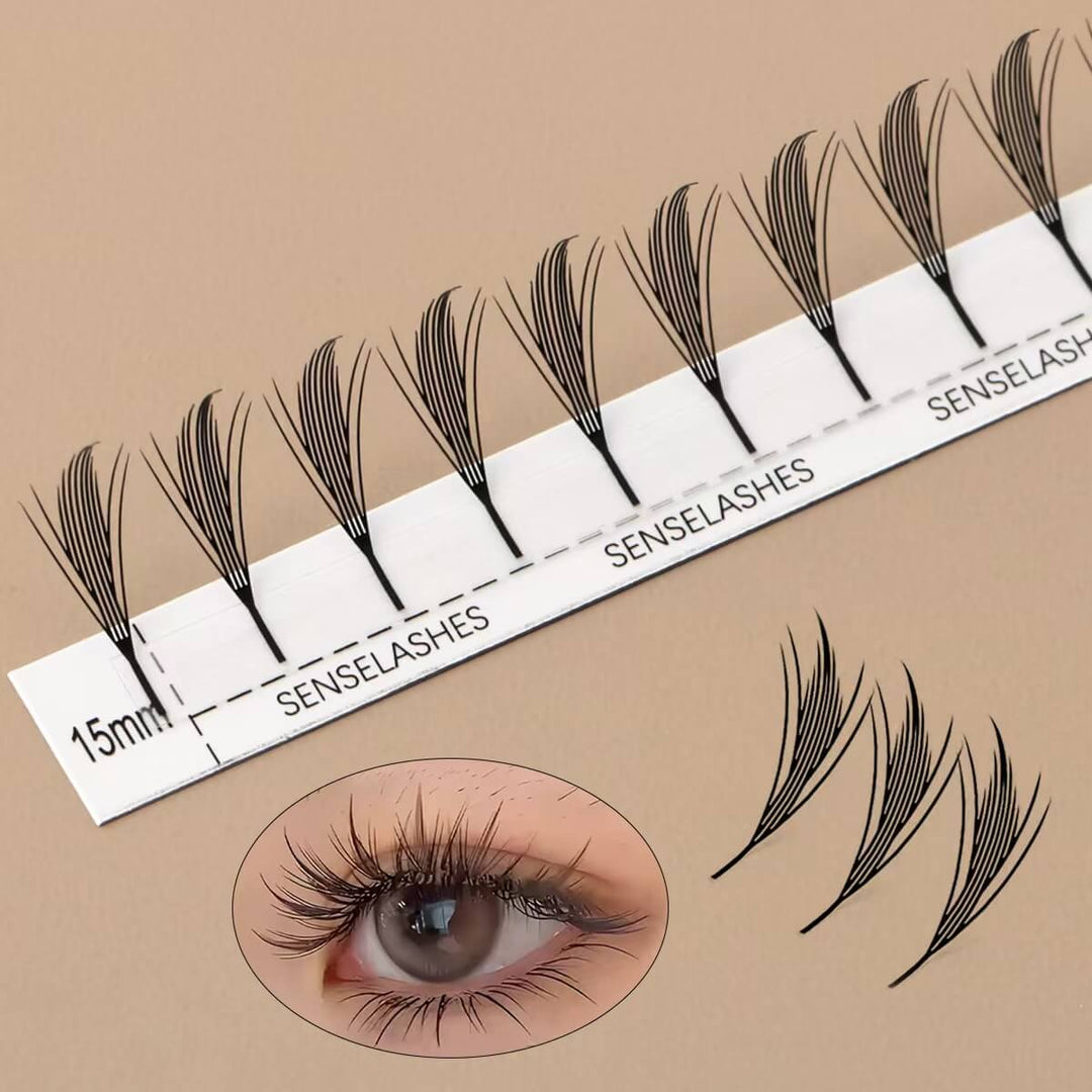 A strip of 15mm Senselashes eyelash extensions and a close-up of an eye with voluminous lashes.