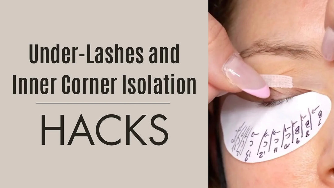 Split graphic: text 'Under-Lashes and Inner Corner Isolation HACKS' beside close-up of eye with tool and pad.