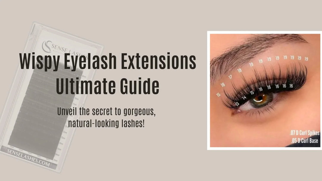 Wispy eyelash extensions guide cover with lash tray and close-up eye showing labeled lengths.