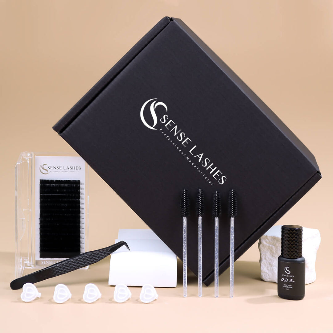 SenseLashes eyelash extension supplies: glue tray, fan, and accessories