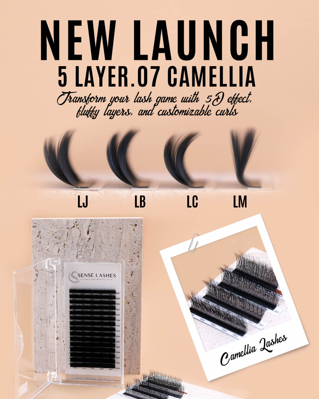 New launch: 5 Layer .07 Camellia lashes. Transform your look with 5D effect, fluffy layers, and customizable curls. 