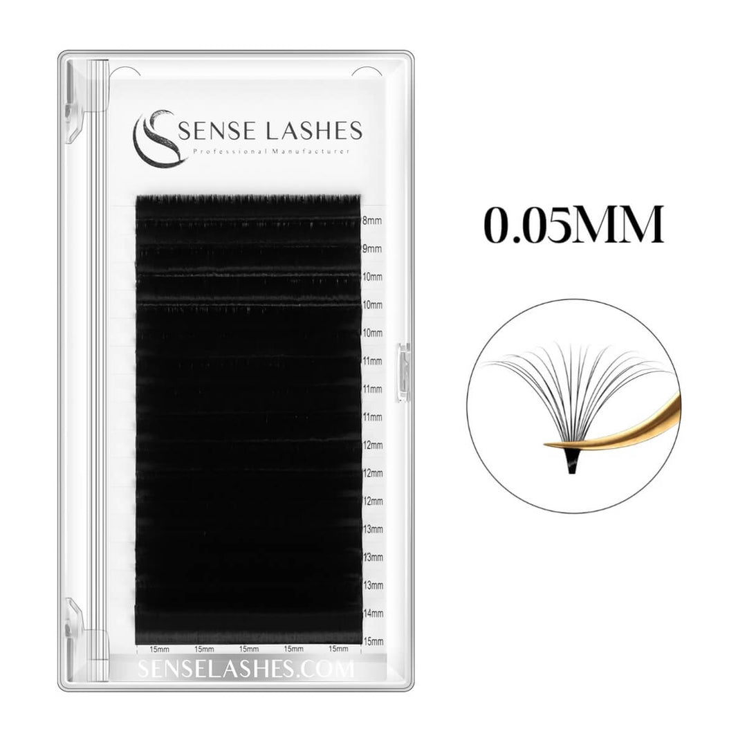 0.03MM Easy Fanning Eyelash Extensions tray by Sense Lashes, black volume lashes