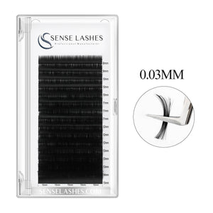 SenseLashes 0.03mm Premium Mega Volume Eyelash Extensions, black lashes, tweezers detail