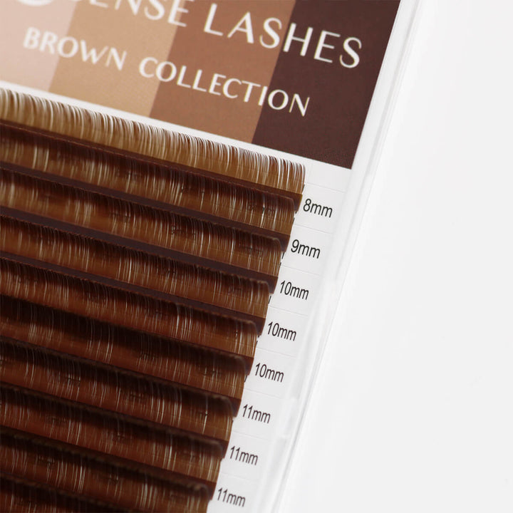 Deep brown 0.05mm SenseLashes eyelash extensions in clear case. Made with Korean PBT for professional use.
