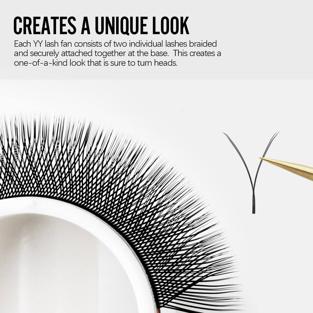 0.07mm YY volume eyelash extensions, textured and fluffy appearance, held with tweezers. Premium lash product.