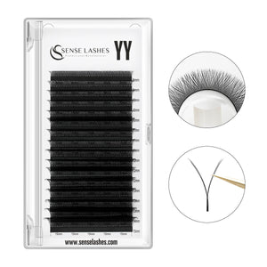 YY 0.07mm volume eyelash extensions by SenseLashes, showing textured and fluffy lashes in a tray.