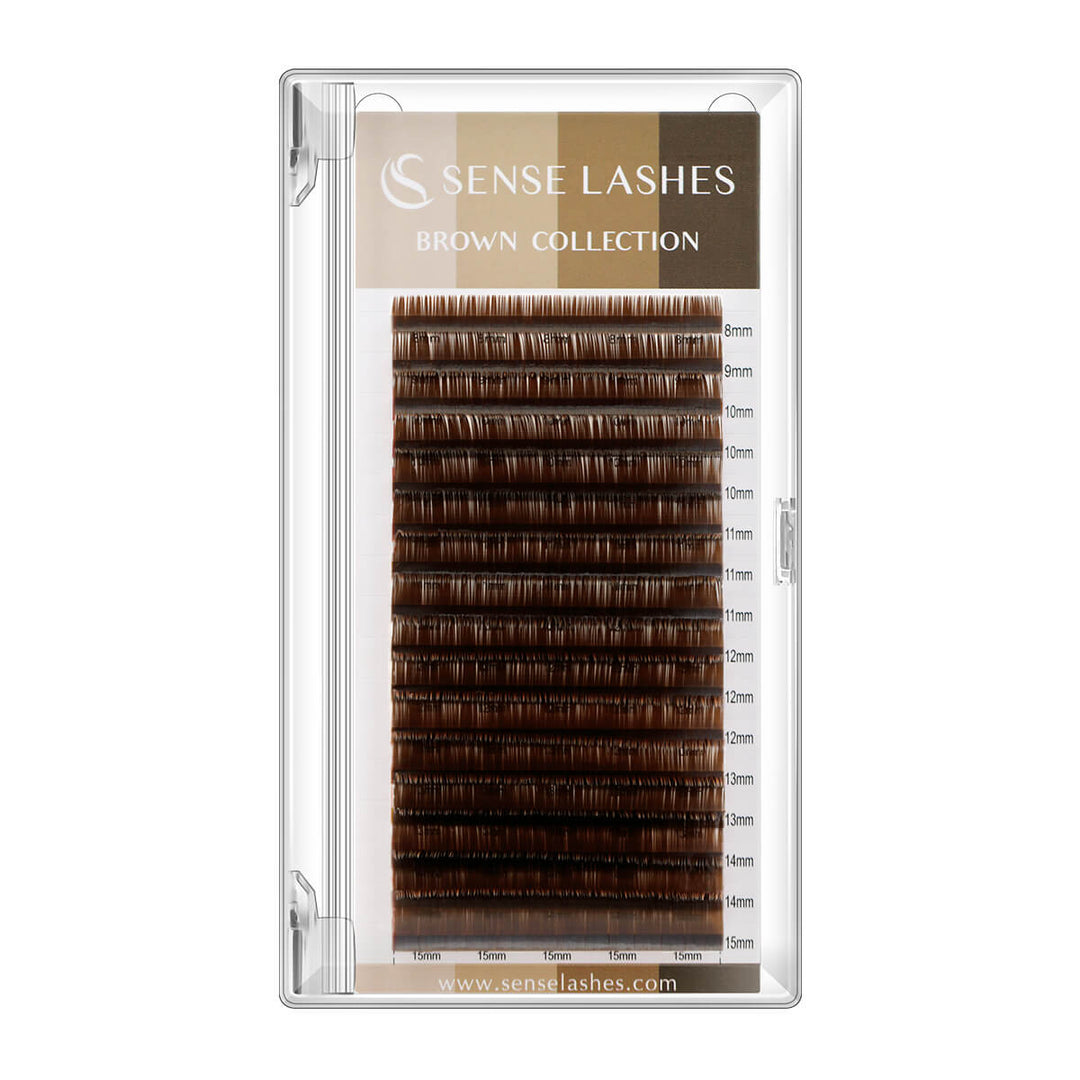 0.07mm Mocha Brown Volume Eyelash Extensions by SenseLashes, various lengths, professional lash product, cruelty-free.