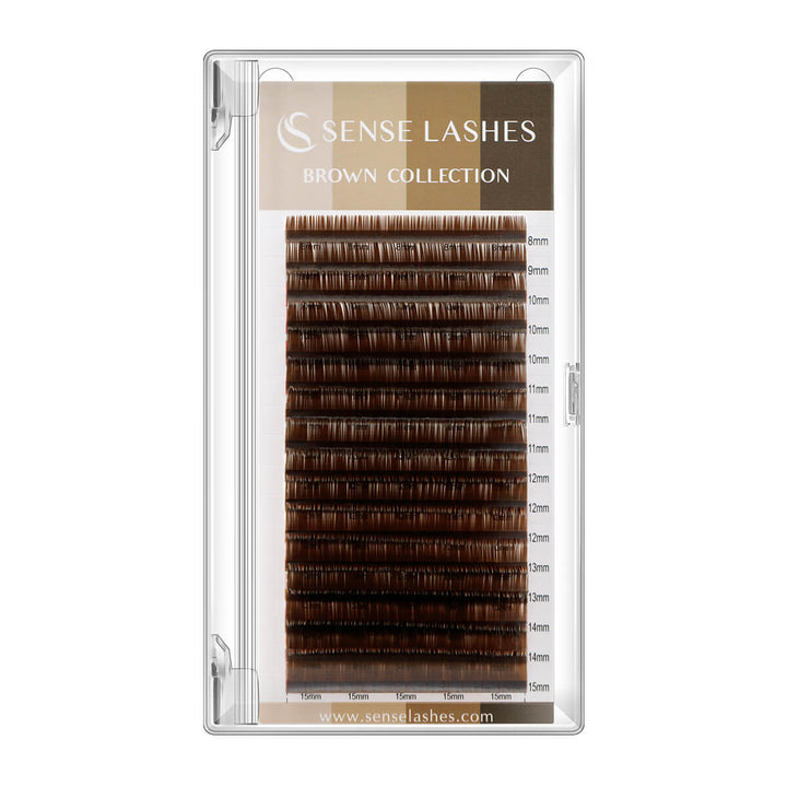 0.07mm Mocha Brown Volume Eyelash Extensions by SenseLashes, various lengths, professional lash product, cruelty-free.