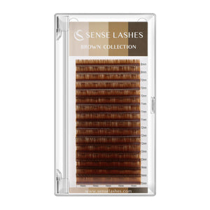 Deep brown 0.07mm volume eyelash extensions by SenseLashes, various lengths, perfect for a natural look.