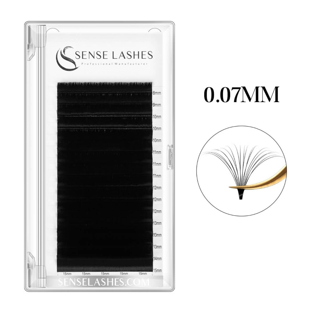 0.07mm Easy Fan volume eyelash extensions in black lash tray, Senselashes branding