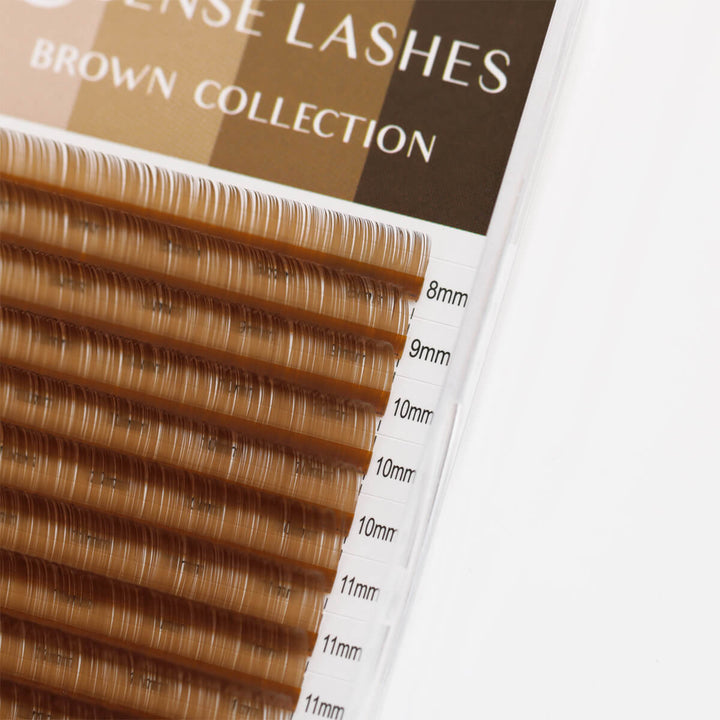 0.07mm Light Brown Volume Eyelash Extensions by Sense Lashes. Lash extensions in a clear case, Mixed lengths.