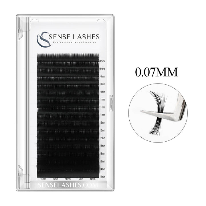 0.07mm Premium Volume Eyelash Extensions by SenseLashes, black PBT lashes, various lengths, perfect for volume lashing.
