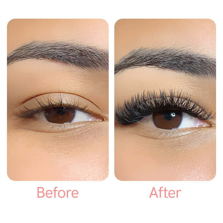 YY volume eyelash extensions before and after comparison, 0.07mm lashes 