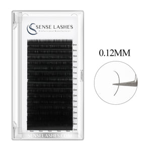 0.12mm Classic Eyelash Extensions in tray from Sense Lashes. Black lashes with various lengths, salon supplies.