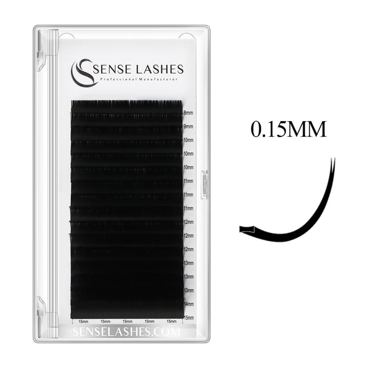 0.15mm Flat Classic Eyelash Extensions. Professional lash product by SenseLashes, ideal for classic lash sets. Black color.
