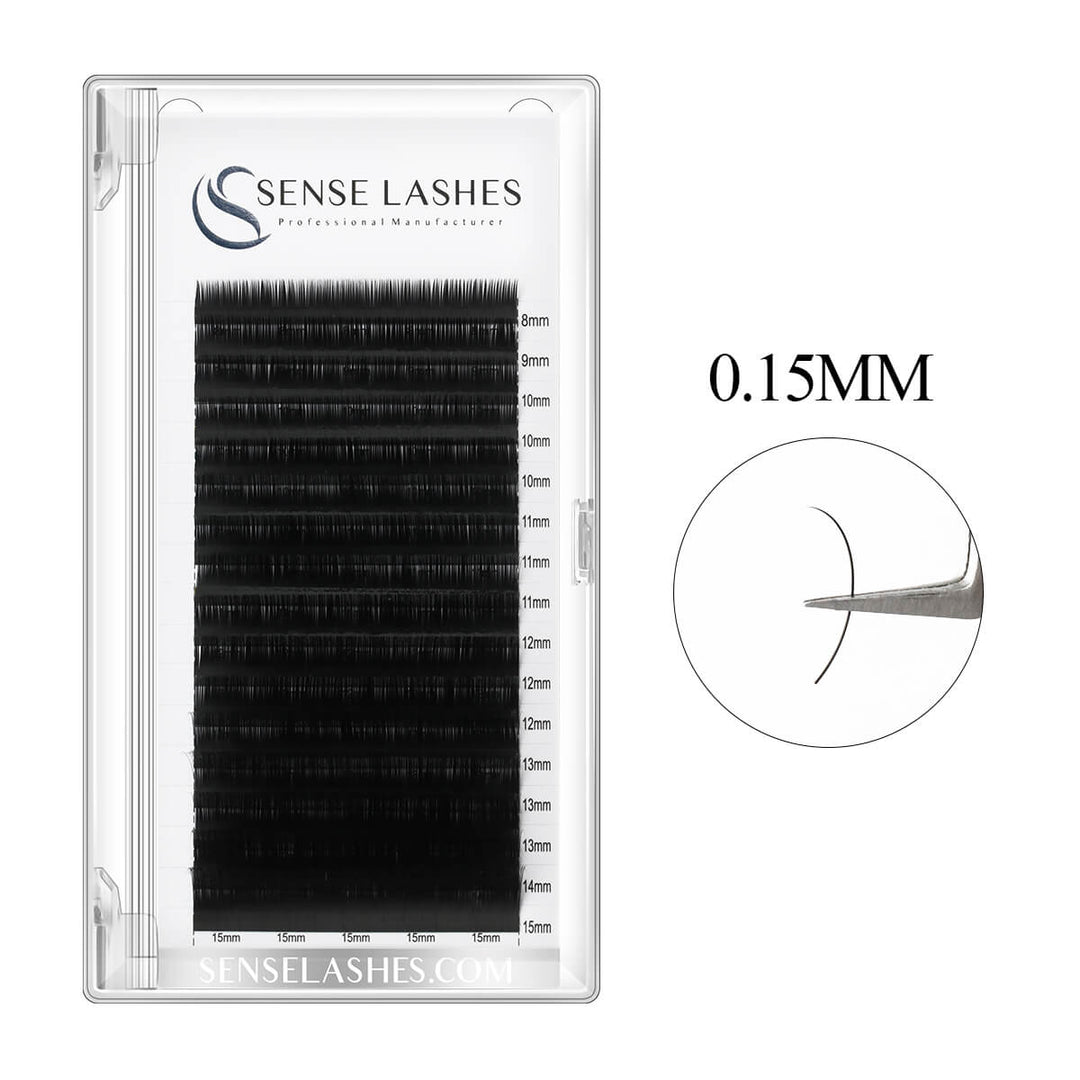0.15mm classic eyelash extensions from SenseLashes. Black lashes in tray, close-up lash detail. For classic lash.