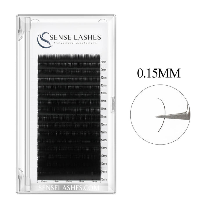 0.15mm classic eyelash extensions from SenseLashes. Black lashes in tray, close-up lash detail. For classic lash.