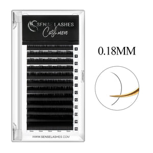 0.18mm Cashmere classic eyelash extensions tray with black lash strips and curl samples