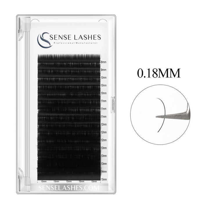 0.18mm Premium Classic Eyelash Extensions by Sense Lashes. Black lashes in a clear tray with length indicators.