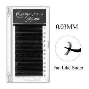 0.03mm Cashmere Eyelash Extensions by SenseLashes, Fan Like Butter, soft and black lashes.