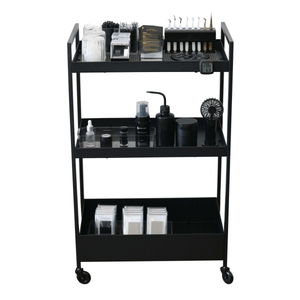 Black 3-Tier Lash Cart Organizer with lash supplies. Features lash extensions, tools, and accessories for lash artists.