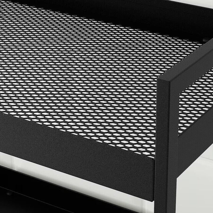 Black metal mesh tray detail of 3 tier lash cart organizer 