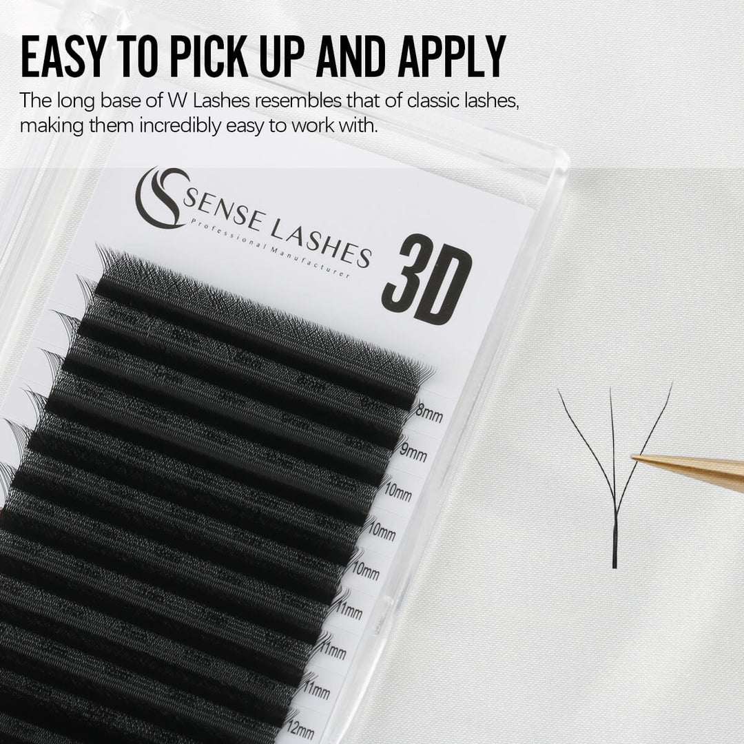 A package of 3D W Lashes by Sense Lashes, highlighting their easy application due to the long base.