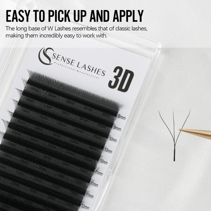 A package of 3D W Lashes by Sense Lashes, highlighting their easy application due to the long base.