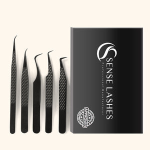 Black fiber tip lash tweezers set by SenseLashes for professional eyelash extensions.