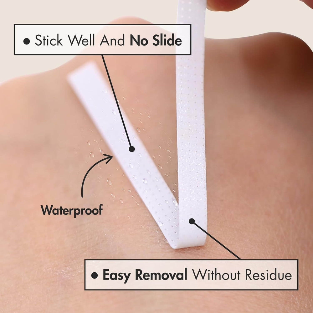 A waterproof adhesive strip sticks well, doesn't slide, and removes easily without leaving residue on skin.