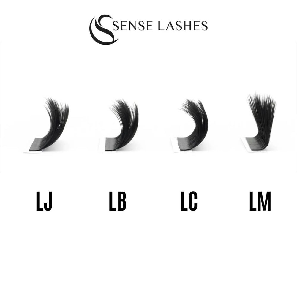 Sense Lashes offers LJ, LB, LC, and LM curl styles for 5D Multi Layer Camellia voluminous lash extensions. 