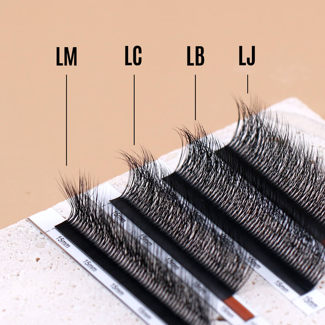 5D Camellia Lash Extensions showcasing LM, LC, LB, and LJ curl types for a voluminous, multi-layered look.