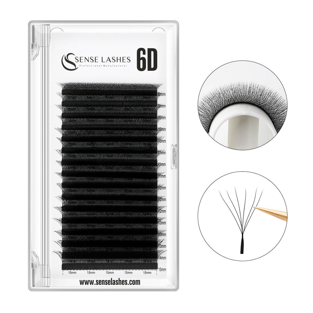 SenseLashes W-Style 6D premade volume fan lashes, matte black, for professional lash artists