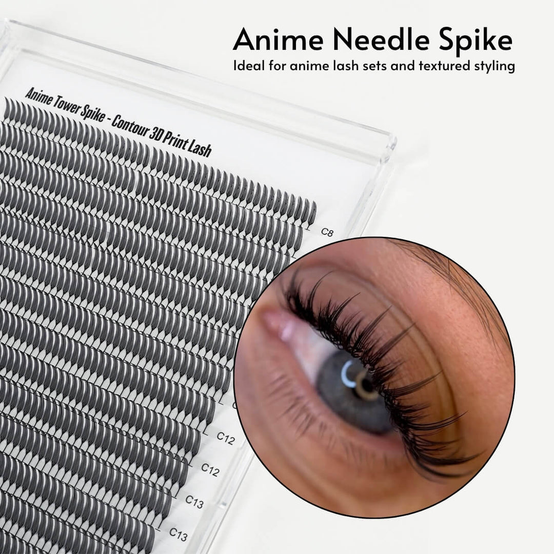 Anime needle spike eyelash extensions: tray and model eye with wispy, textured spikes.
