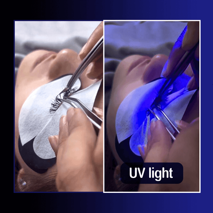 UV lash system: Applying lashes with black gel patches and UV light
