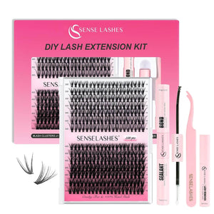 Sense Lashes DIY lash extension kit with 280 lash clusters, bond, seal, applicator tweezers and remover