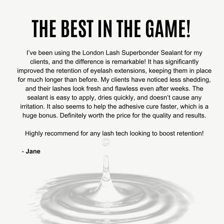 Eyelash extension product testimonial with bold headline and super bonder droplet graphic.