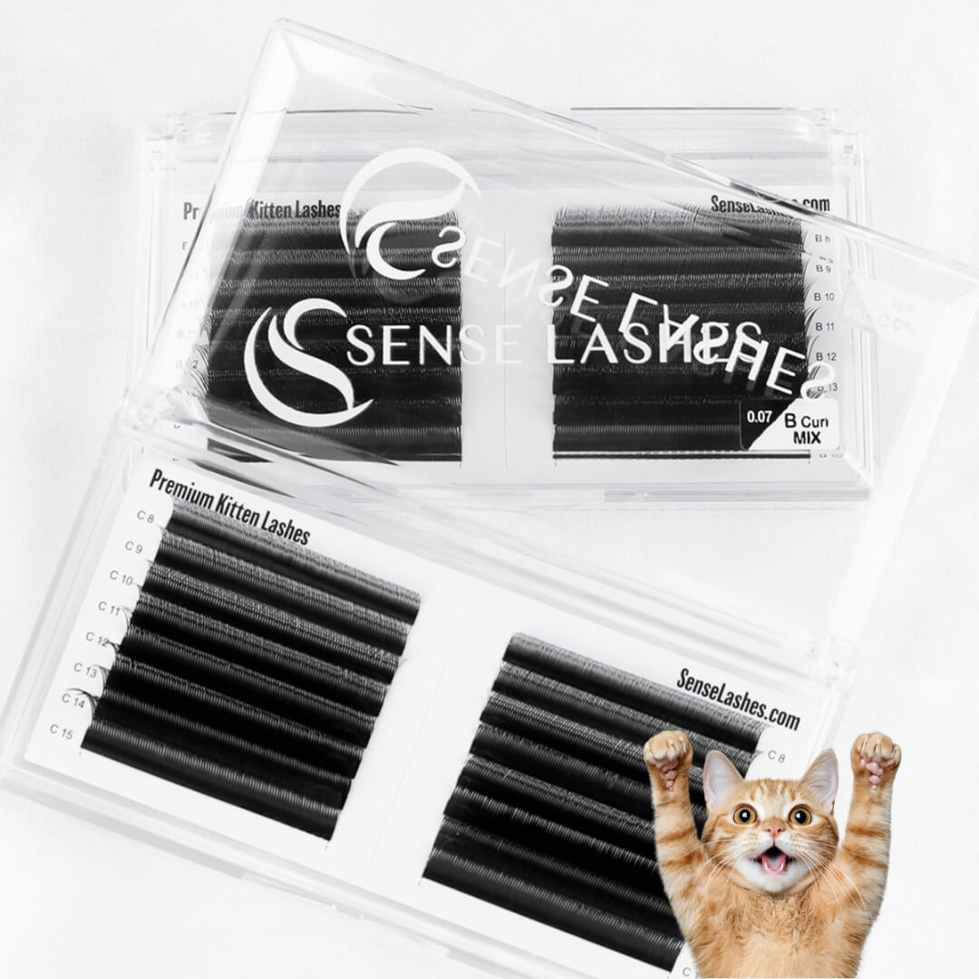 Premium Kitten Lashes by SenseLashes, featuring soft, natural-looking extensions with a playful cat mascot. 