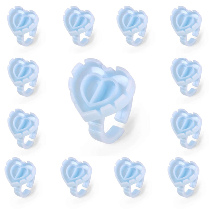 Blue Sweet Heart glue rings for eyelash extensions, in packaging, dimensions shown. A disposable adhesive holder.