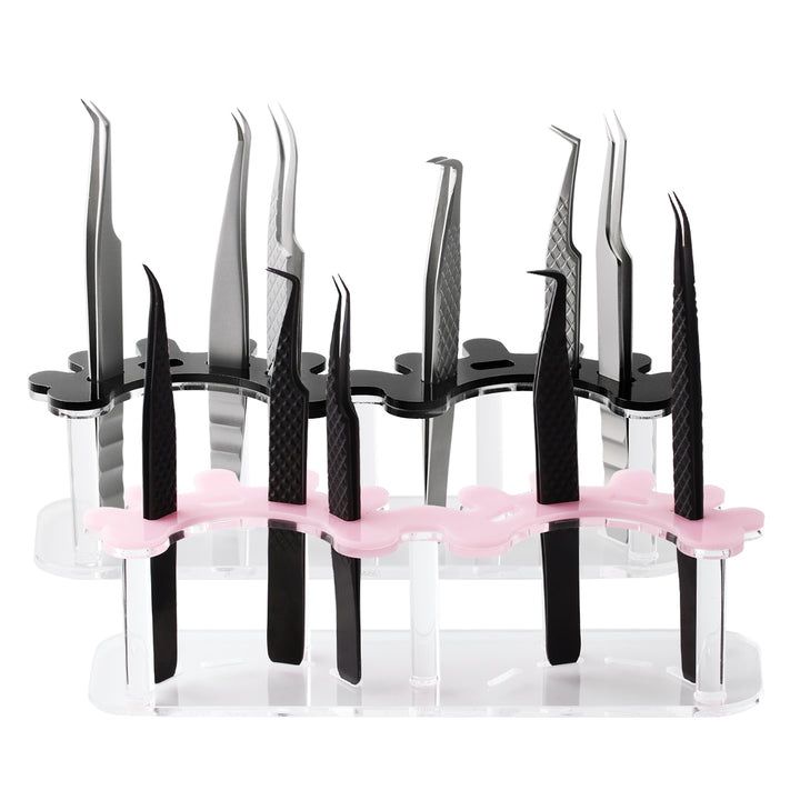 Eyelash extension tweezers display stand with pink and black holders