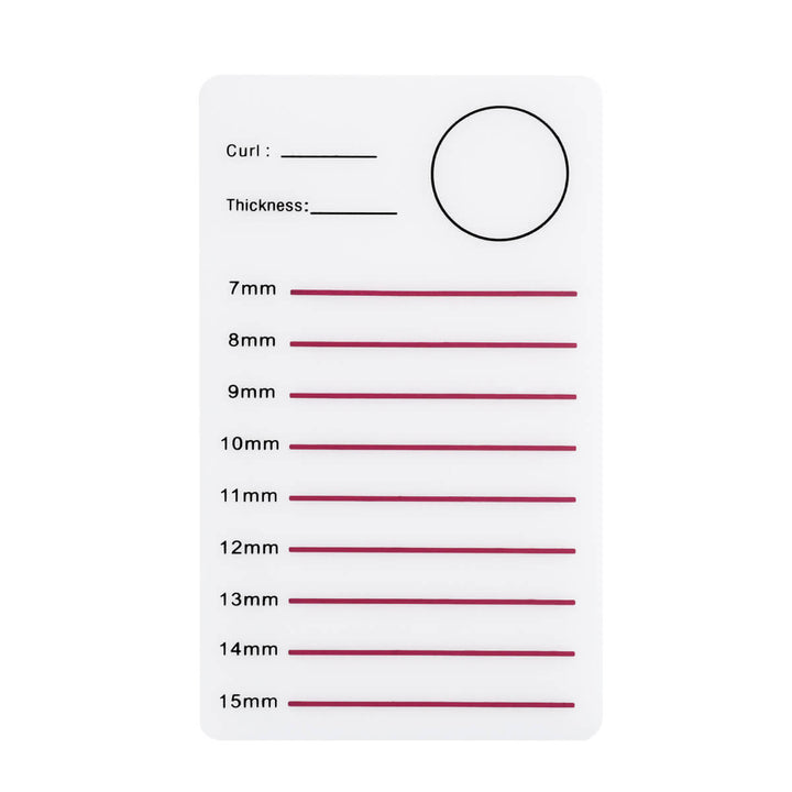 Acrylic eyelash pallet tile with 7-15mm length guide, curl and thickness labels, 9 lash strips
