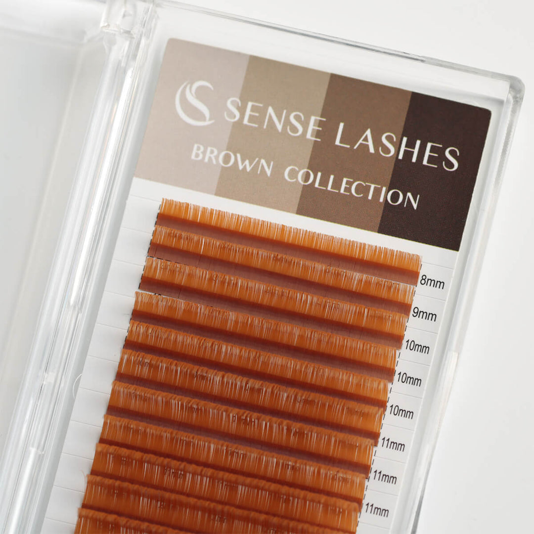 Sense Lashes Brown Collection amber soft cinnamon matte brown lash extensions in tray