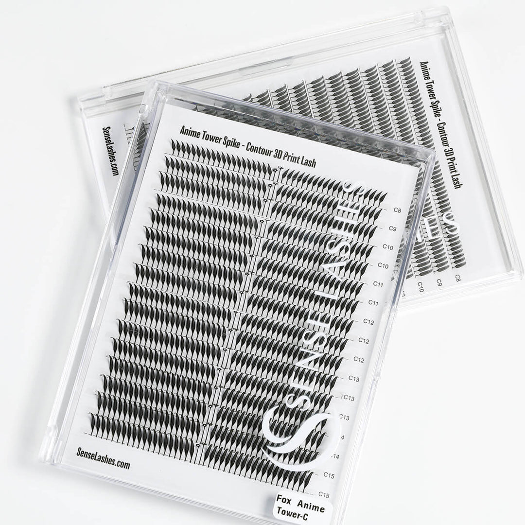 Anime Fox Spike contour laser print lash extensions in trays with SenseLashes.com.