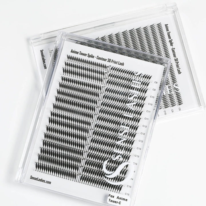 Anime Fox Spike contour laser print lash extensions in trays with SenseLashes.com.